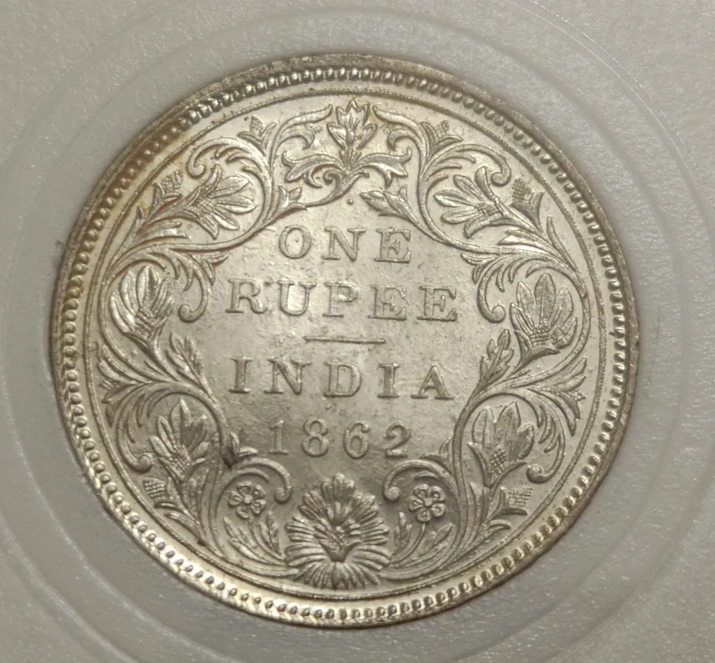 British India Victoria 1862 One Dot Above One Rupee Silver Coin BUNC