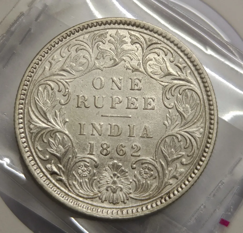 British India Victoria 1862  One Rupee Silver Coin UNC