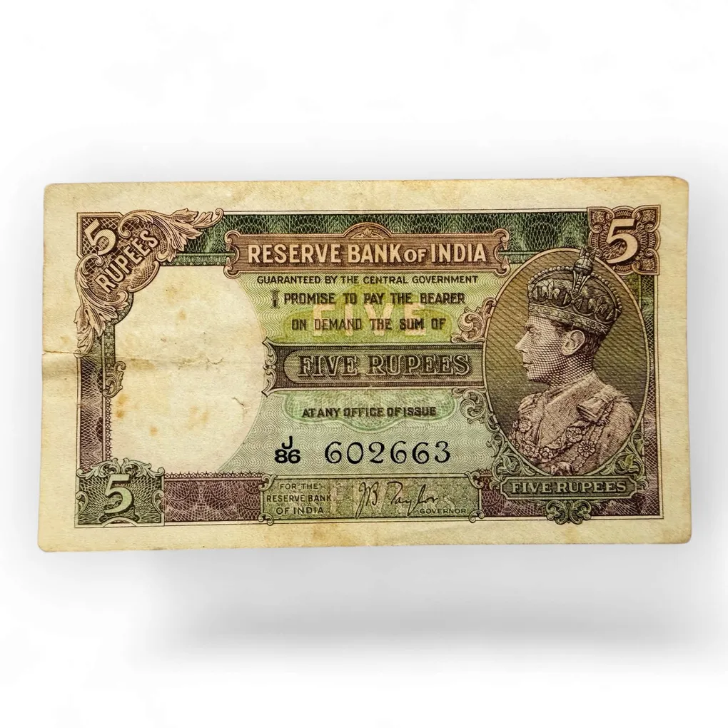 Rs 5 British India Banknote King George VI Portrait Issue Signed By J B Taylor Issue Crisp Paper Unique and Rare Issue