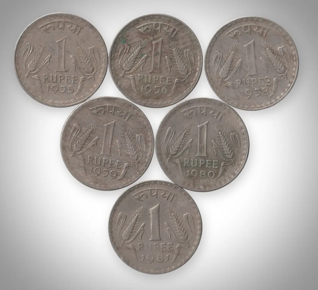 Rare 1 Rupee 1975-1981 Wheat Ears Series Set of 6 Coins Calcutta Mint Republic India