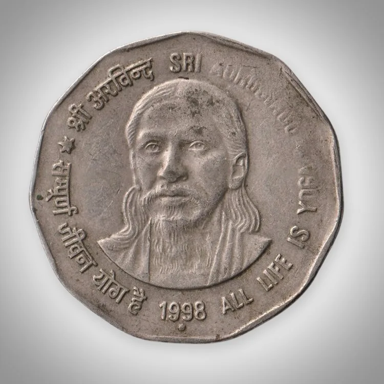 Extremely Rare 2 Rupee 1998 Sri Aurobindo All Life Is Yoga Noida Mint Republic of India Coin # A310