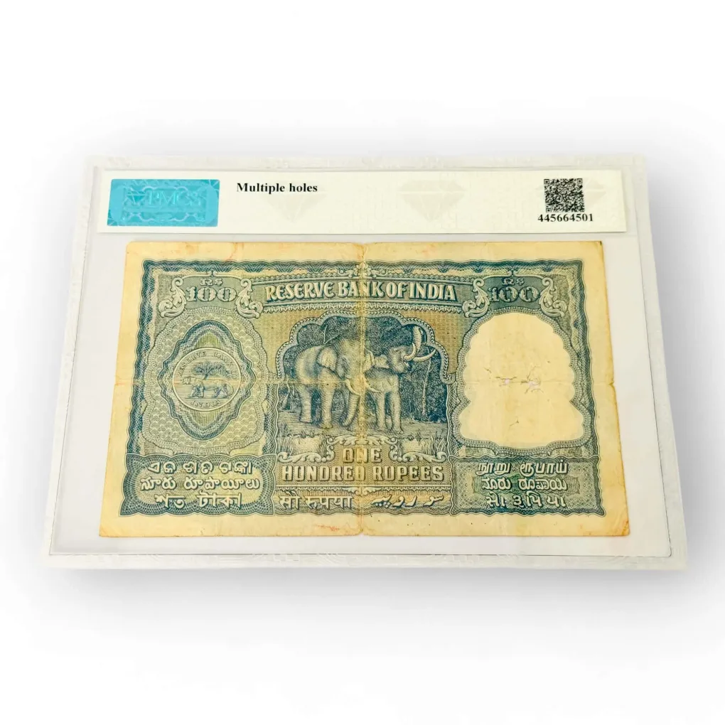 Rs 100 India Banknote Elephant 1st Issue Only English 1950s Signed By B Ramarau Unique and Rare