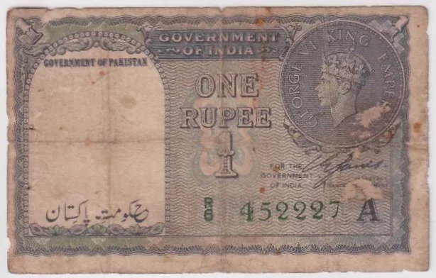 Rare C E Jones Signature 1948 Pakistan Overprint One Rupee Banknote Fine Condition #1