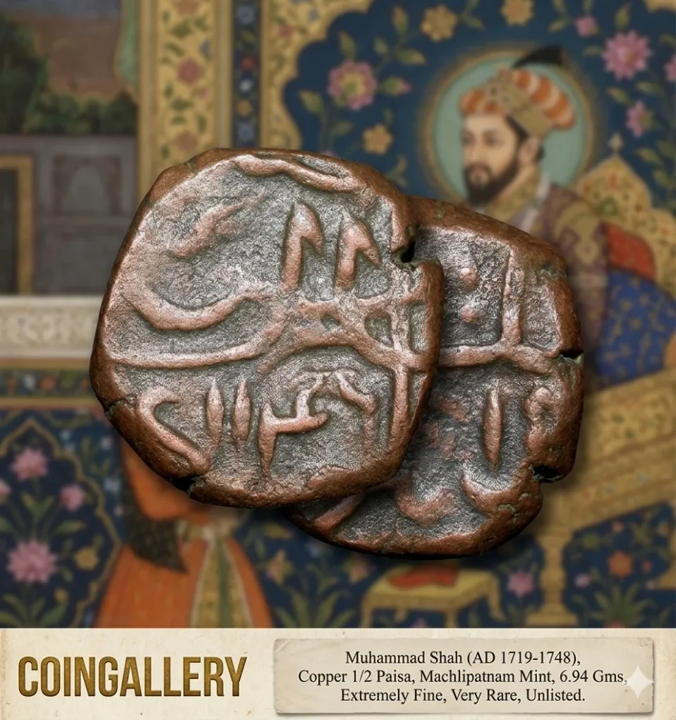 Copper 1/2 Paisa of Muhmmad Shah (AD1719-1748) of Machlipatnam Mint Fully Dated AH1146/15 Unlisted V.Rare