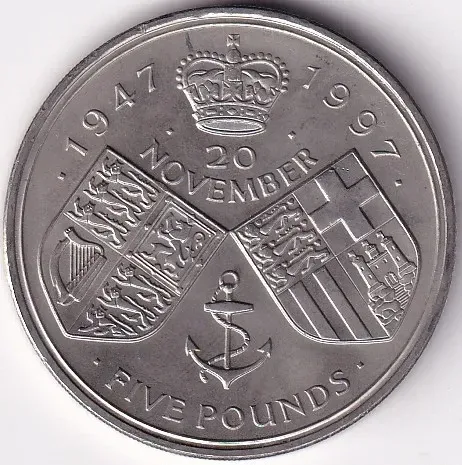 Five Pounds Copperc Nickel 1947-1997 Golden Wedding 38 mm Unc Coin