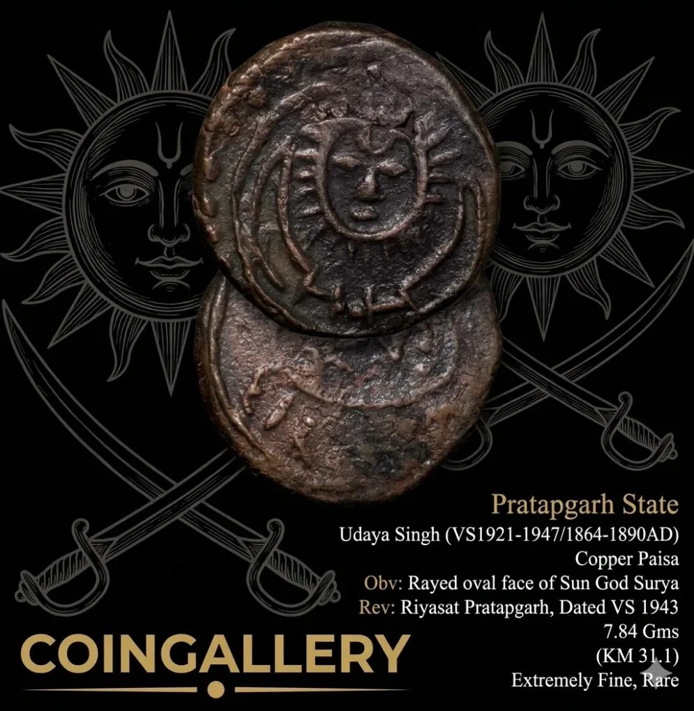 Copper Paisa of Udaya Singh(AD 1864-90) of Pratapgarh State Rayed Oval face of Sun God Surya KM31.1 Rare