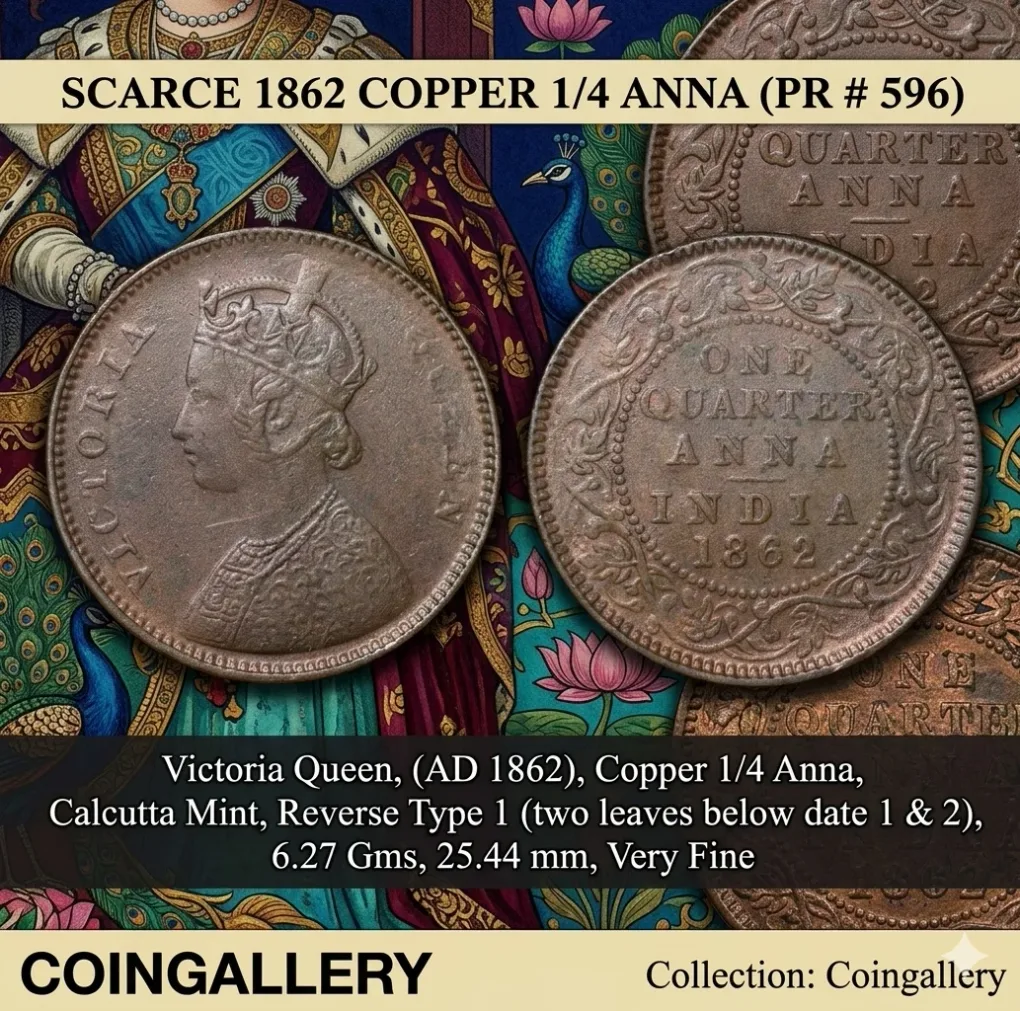 Copper 1/4 Anna of Victoria Queen (AD 1862) of Calcutta Mint of Reverse Type 1