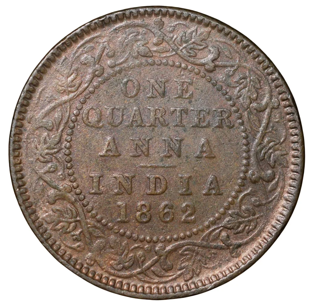 Copper 1/4 Anna of Victoria Queen (AD 1862) of Calcutta Mint of Reverse Type 1