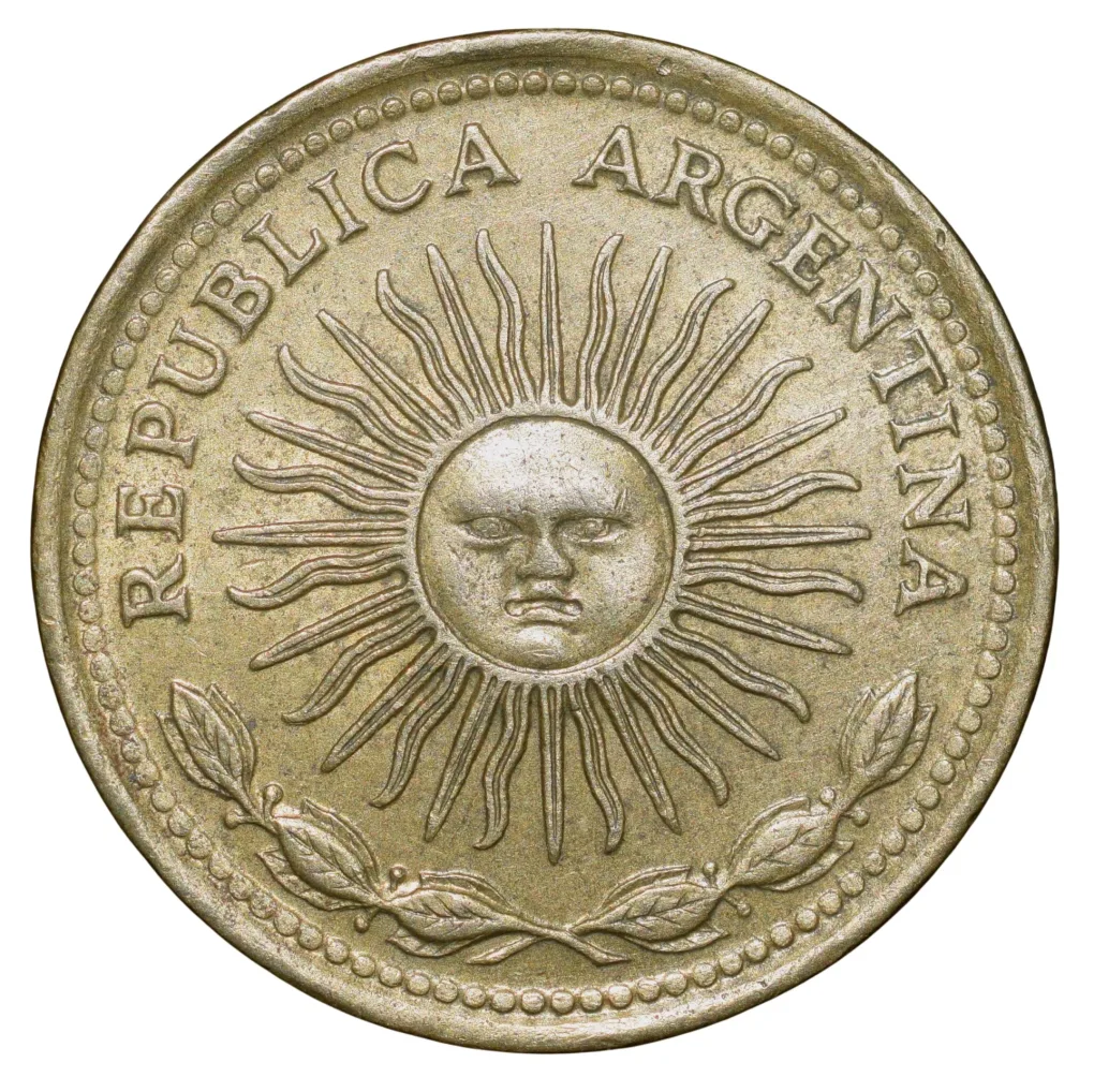 Brass 10 Pesos of Argentina (AD 1976) with 'Sol de Mayo' (Spanish: 'Sun of May')