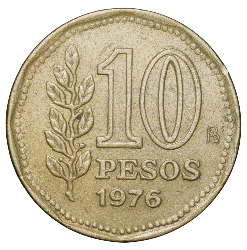 Brass 10 Pesos of Argentina (AD 1976) with 'Sol de Mayo' (Spanish: 'Sun of May')