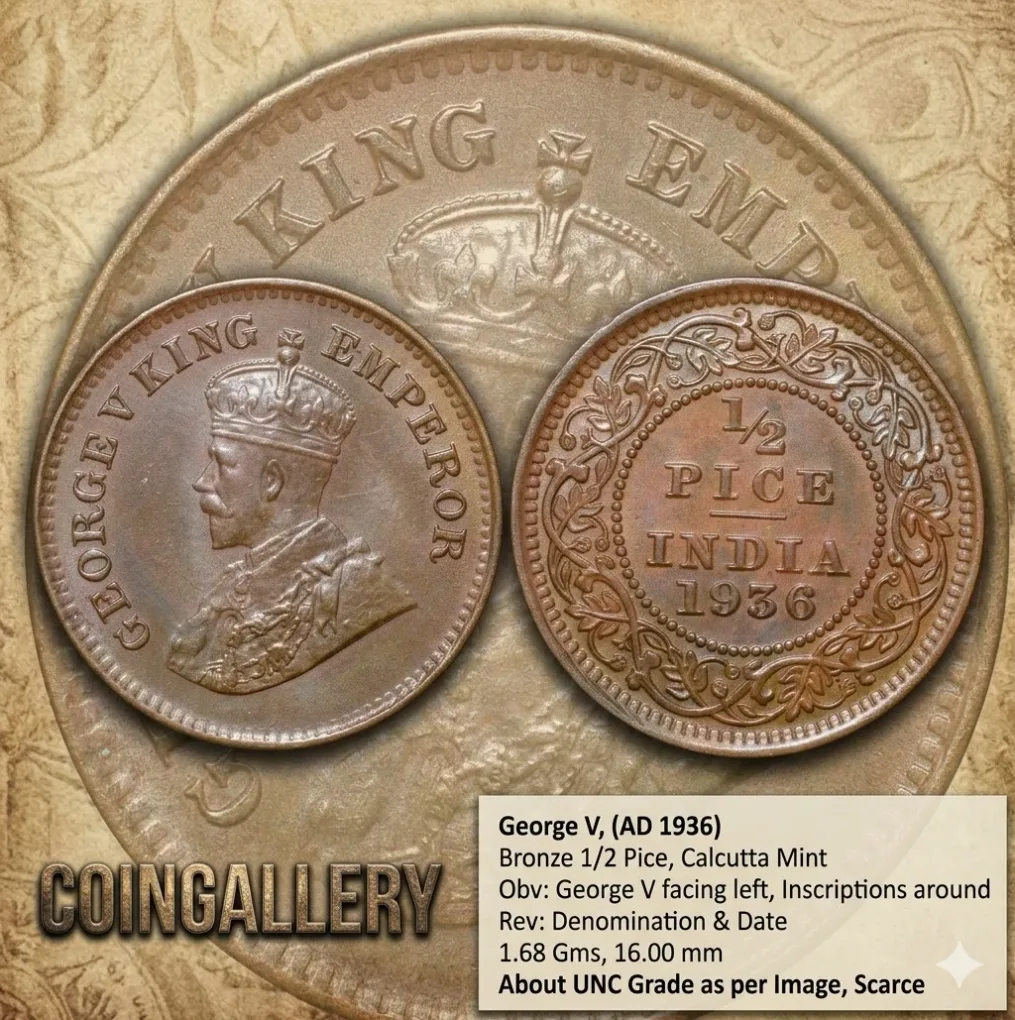 Bronze 1/2 Pice of George V (AD 1936) of Calcutta Mint About UNC Grade