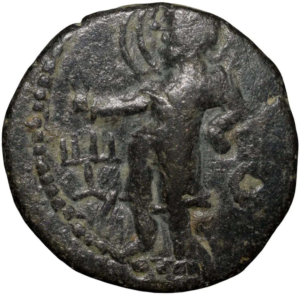 Copper Drachma of Kanishka I(AD127-150) of Kushan Dynasty "Moon God" MAO Type