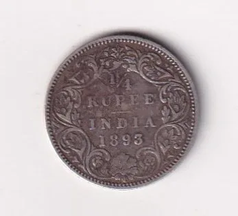 India - British ¼ Rupee 1893 - Victoria Rare Silver Coin