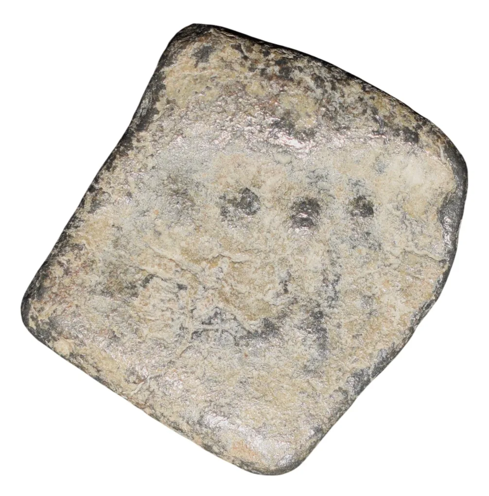 Lead Coin of Rudrasen III? of Western Kshatrapa(AD 348-78) Bull Facing right/3-Arched Hill