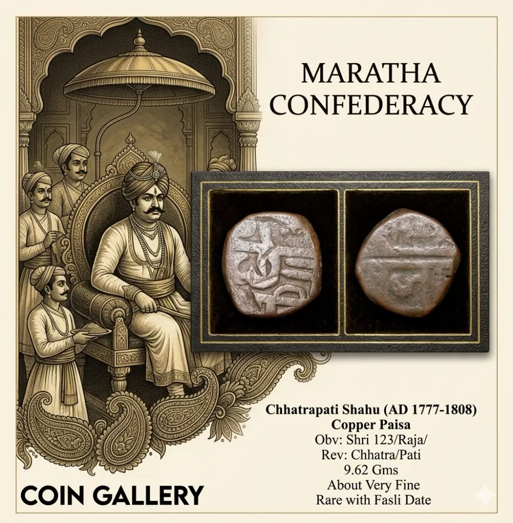 Copper Shivrai Paisa of Chhatrapati Shahu AD 1777-1808 with fasli dated FS 123X Rare