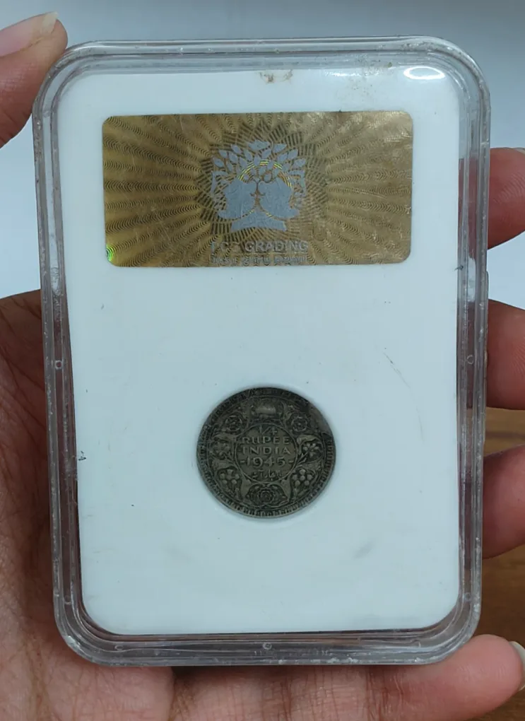 CUD ERROR British-India ¼ Rupee 1945 - George VI Rare Silver Coin with PCG Grading EF 47