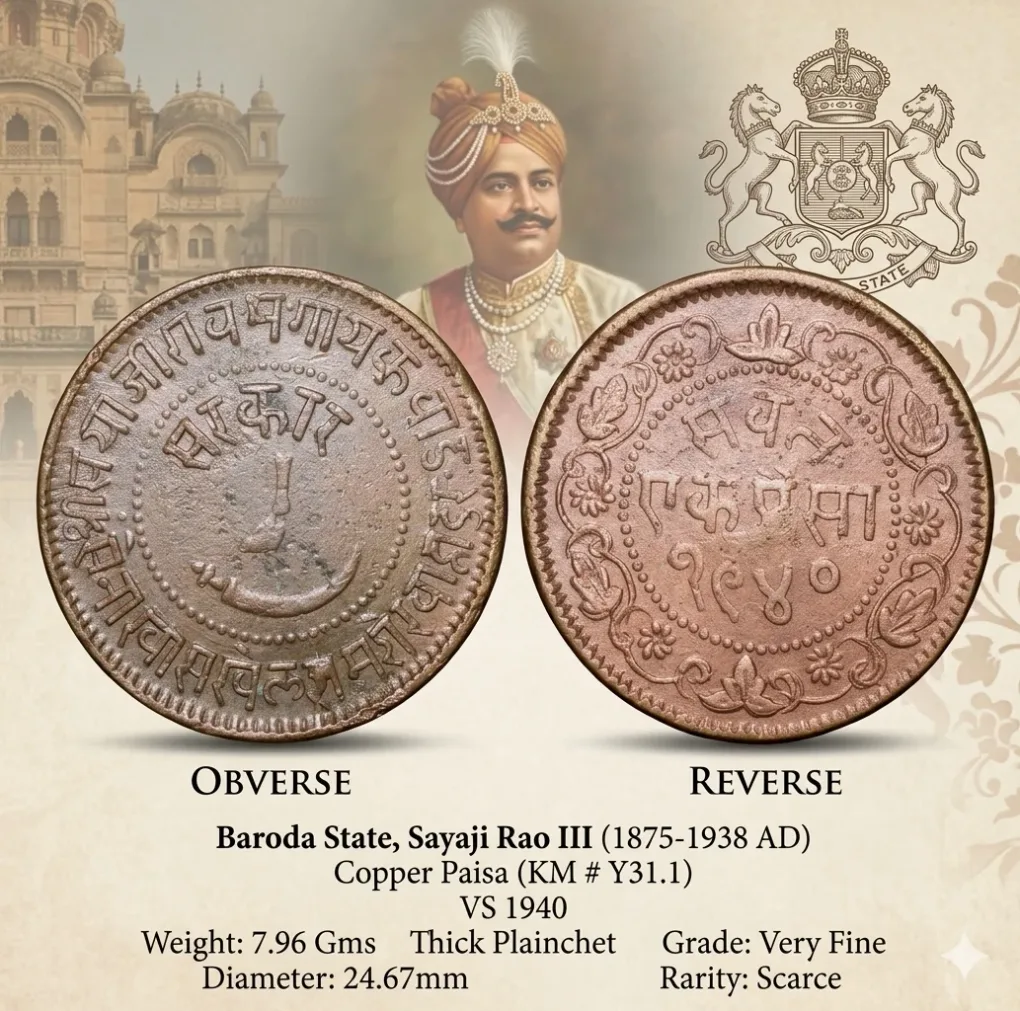 Copper Paisa of Sayaji Rao III(AD1875-1938) of Baroda State Dated VS1940/1883AD Thick-Plainchet KMY31.1