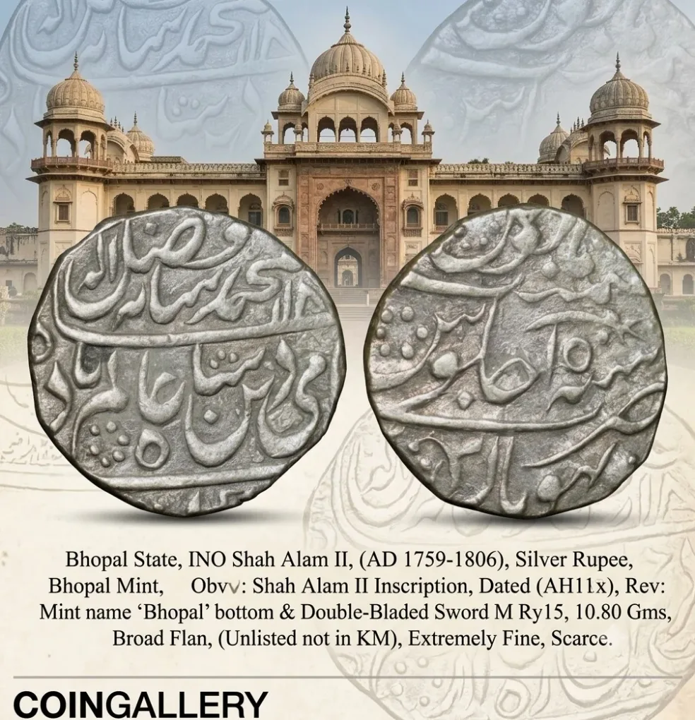 Silver Rupee of Bhopal State INO Shah Alam II (AD 1759-1806) of Bhopal Mint Double-Bladed Sword Unlisted Rare