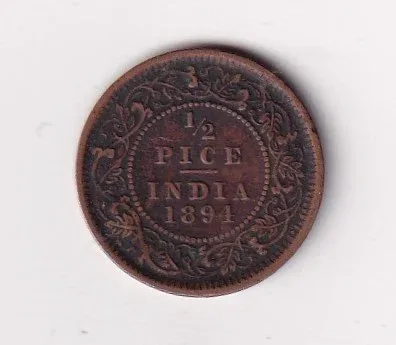 1894 British- India 1/2 Pice (Victoria) Calcutta Mint Rare Coin