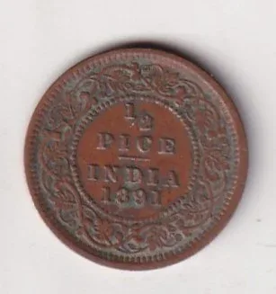 1891 British- India 1/2 Pice (Victoria) Calcutta Mint Rare Coin