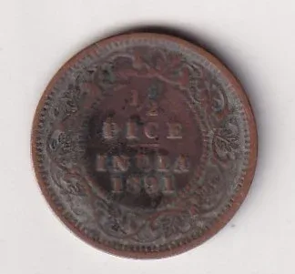 1891 British- India 1/2 Pice (Victoria) Calcutta Mint Rare Coin
