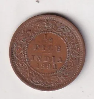 1891 British- India 1/2 Pice (Victoria) Calcutta Mint Rare Coin