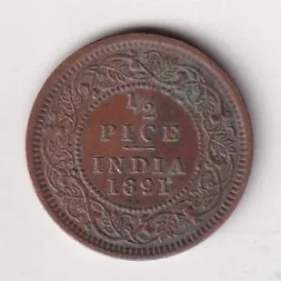 1891 British- India 1/2 Pice (Victoria) Calcutta Mint Rare Coin