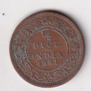 1891 British- India 1/2 Pice (Victoria) Calcutta Mint Rare Coin