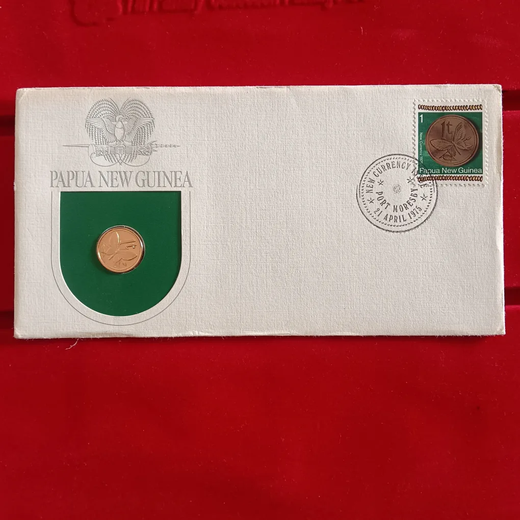 1975 PNG Papua New Guinea PNC with Proof 1 Toea 1t Coin and Matching Stamp