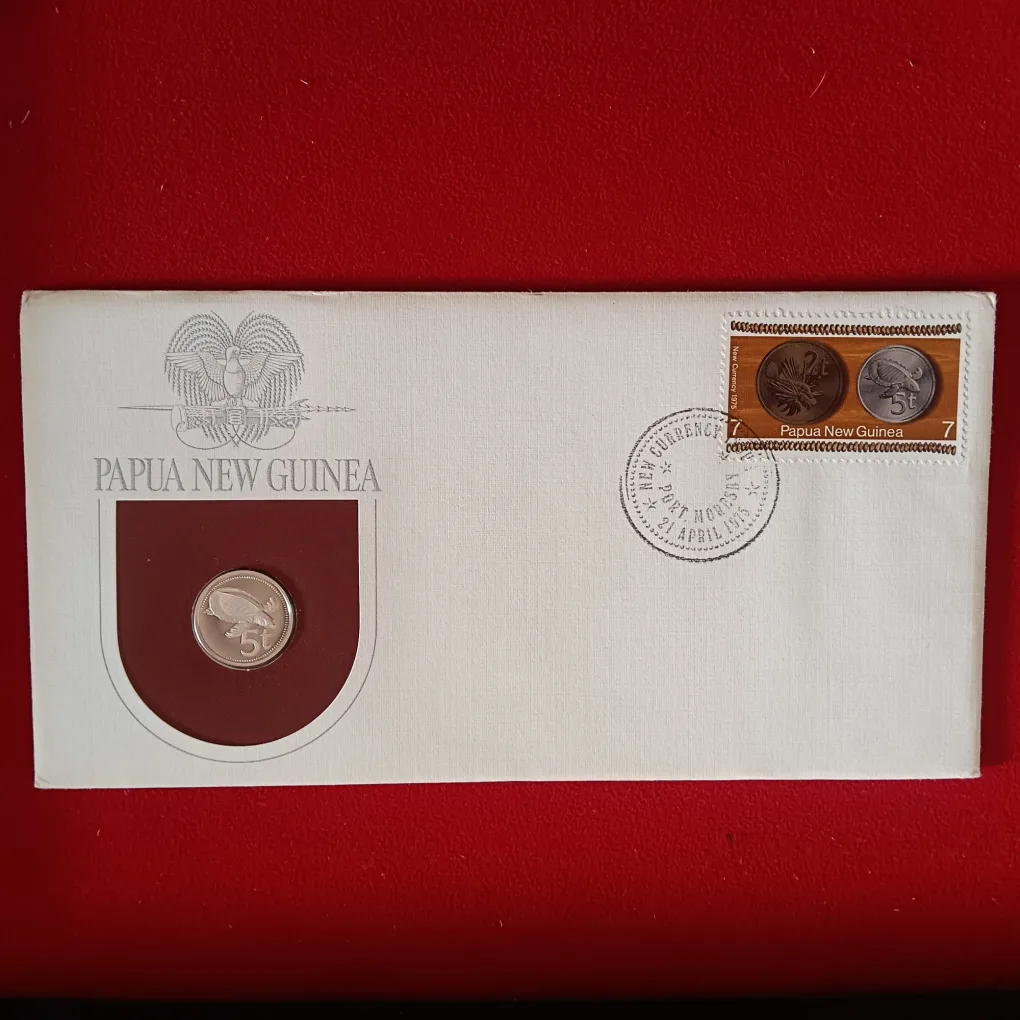 1975 PNG Papua New Guinea PNC with Proof 5 Toea 5t Coin and Matching Stamp