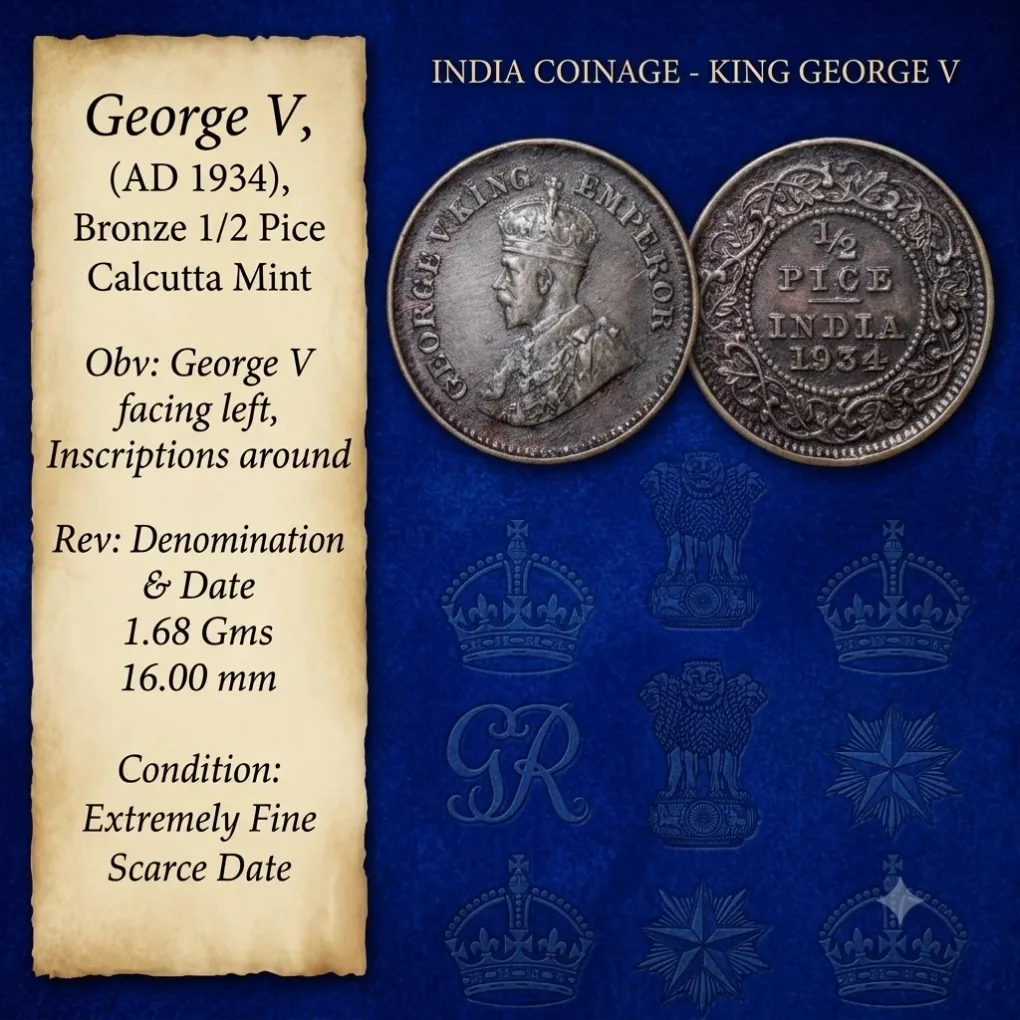 Bronze 1/2 Pice of George V (AD 1934) of Calcutta Mint Scarce Date