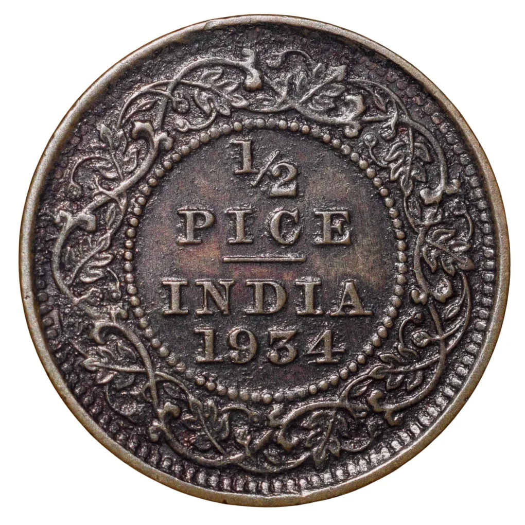 Bronze 1/2 Pice of George V (AD 1934) of Calcutta Mint Scarce Date