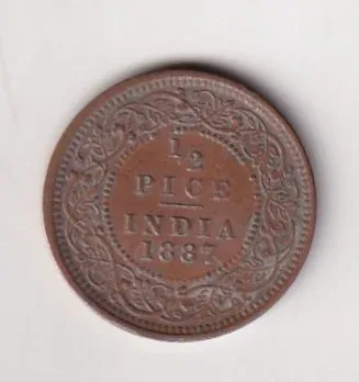 1887 British- India 1/2 Pice (Victoria) Calcutta Mint Rare Coin