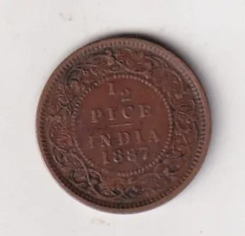 1887 British- India 1/2 Pice (Victoria) Calcutta Mint Rare Coin