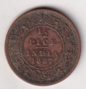 1887 British- India 1/2 Pice (Victoria) Calcutta Mint Rare Coin