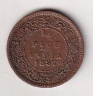 1897 British- India 1/2 Pice (Victoria) Calcutta Mint Rare Coin