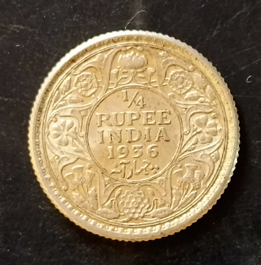 Silver British India  King and emperor George v  Denominaton 1/4₹ Year 1936 Same and similar piece available