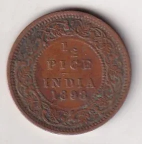 1898 British- India 1/2 Pice (Victoria) Calcutta Mint Rare Coin