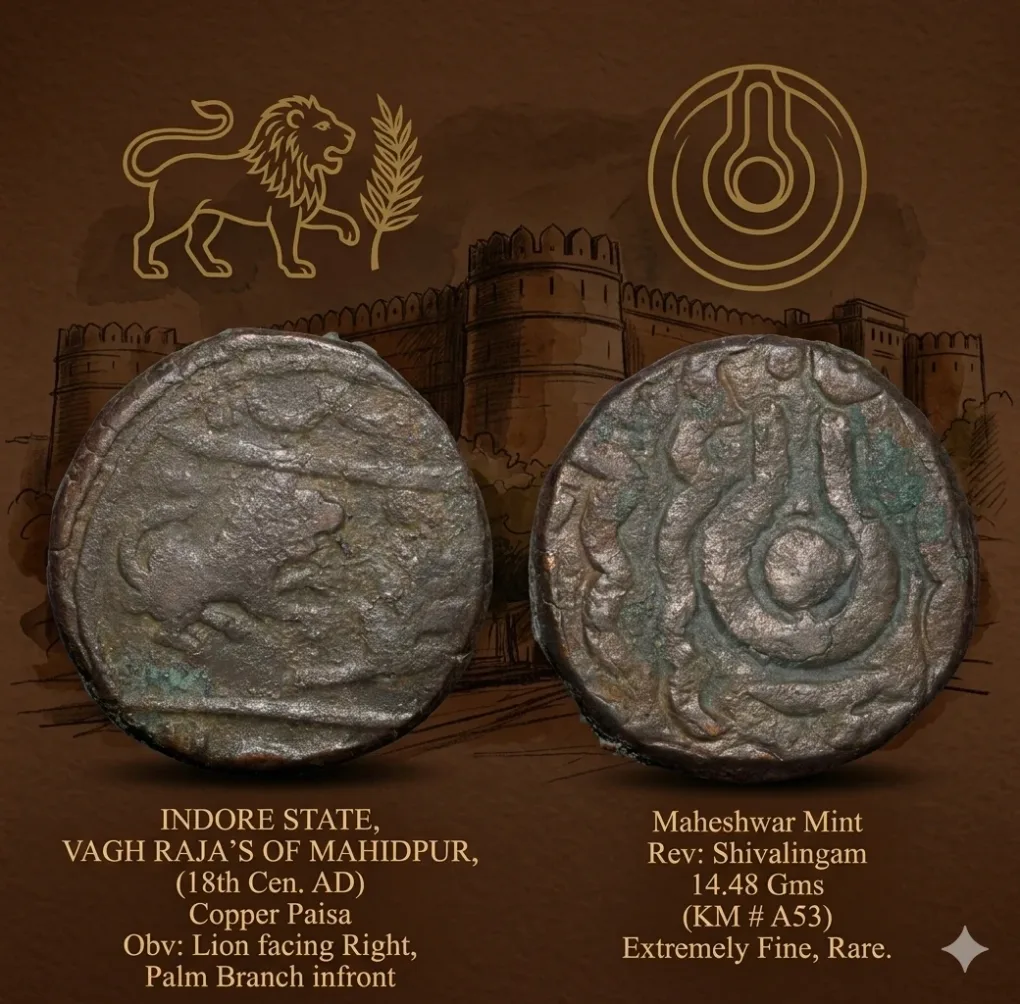 Copper Paisa of Vagh Raja's of Mahidpur (18th Cen. AD) from Indore State with Lion KM # A53 Rare