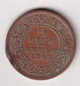 1862 British- India 1/2 Pice (Victoria) Calcutta Mint Rare Coin