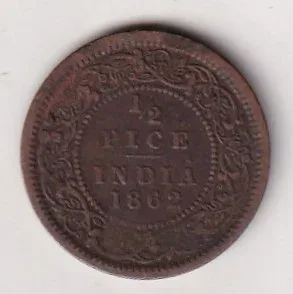 1862 British- India 1/2 Pice (Victoria) Calcutta Mint Rare Coin