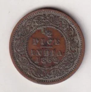 1862 British- India 1/2 Pice (Victoria) Calcutta Mint Rare Coin