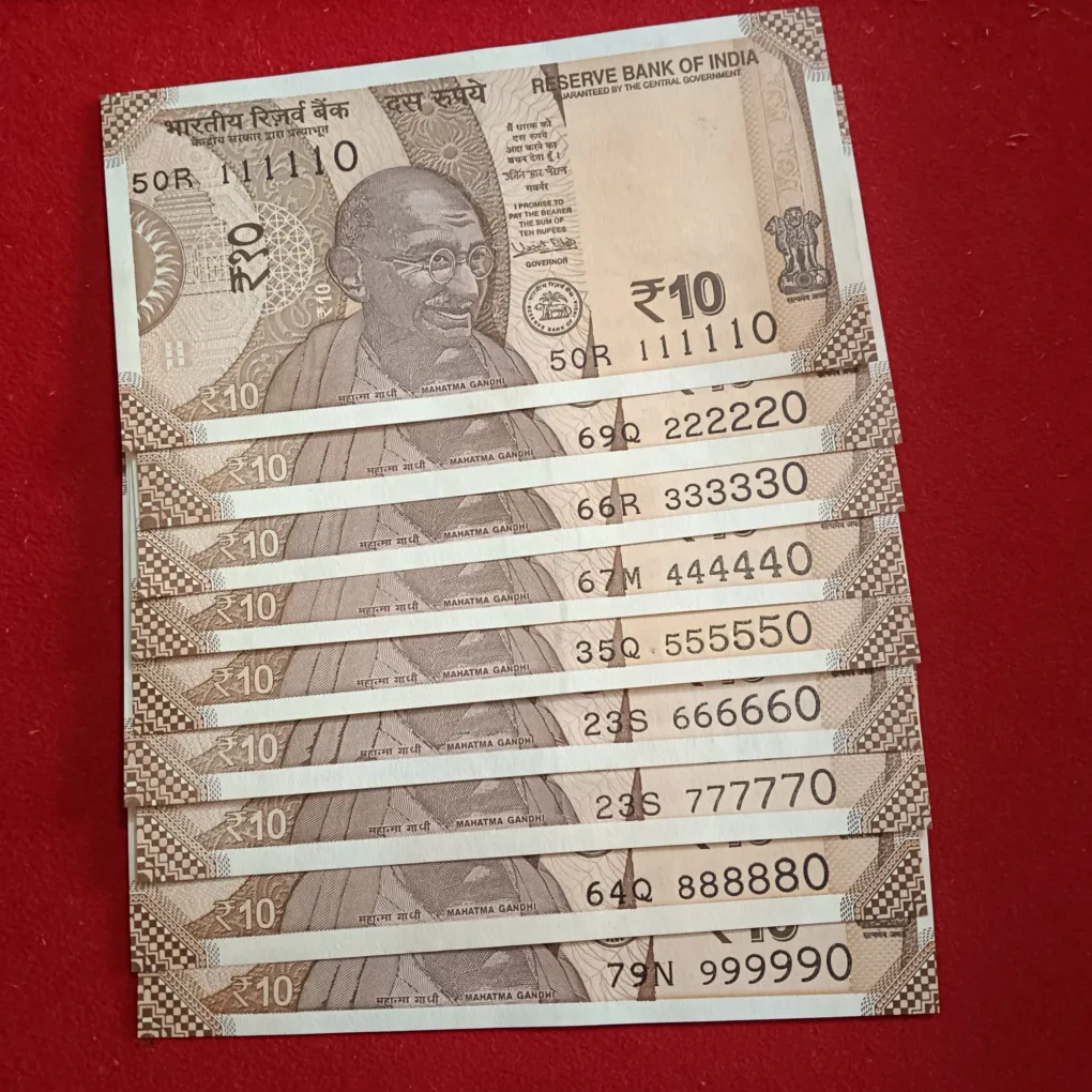 10 Rs Rare Fancy Number Note Set 111110-999990 9 Pcs Given Gem Unc Condition