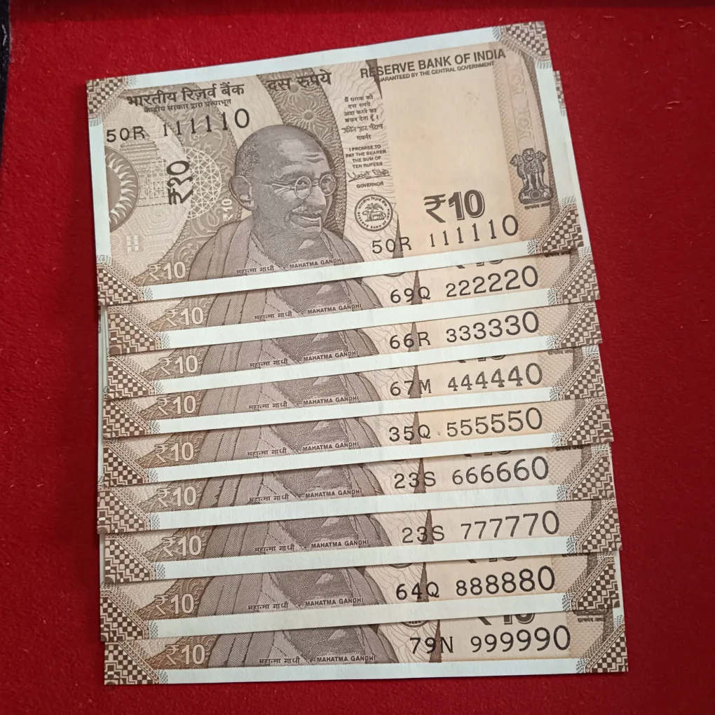 10 Rs Rare Fancy Number Note Set 111110-999990 9 Pcs Given Gem Unc Condition