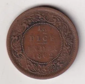 1862 British- India 1/2 Pice (Victoria) Calcutta Mint Rare Coin