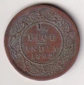 1862 British- India 1/2 Pice (Victoria) Calcutta Mint Rare Coin