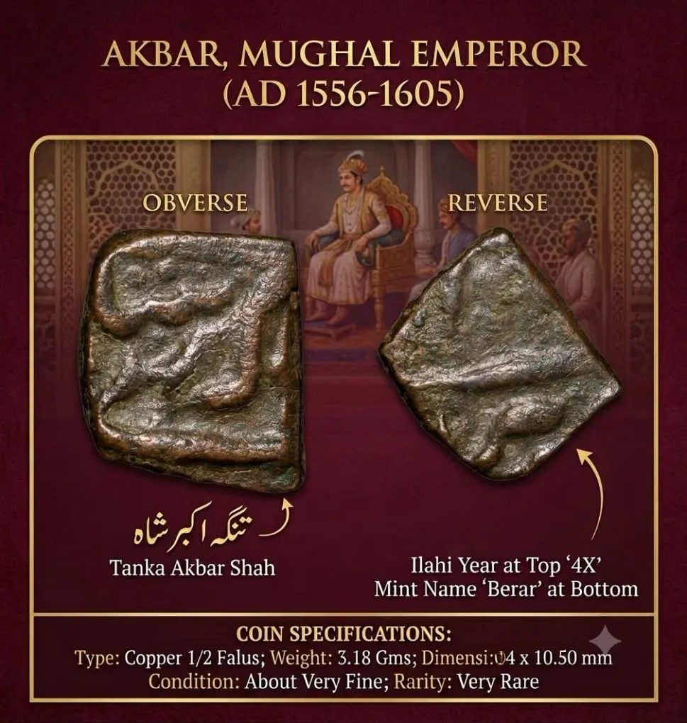 Copper 1/2 Falus of Akbar (AD 1556-1605) of Berar Mint Very Rare