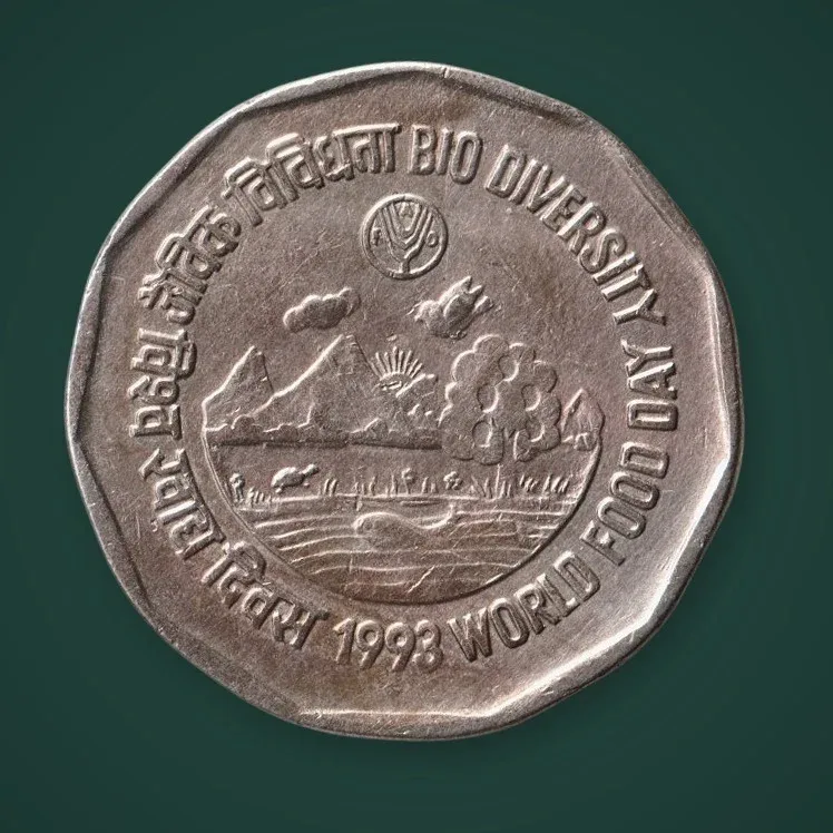 Extremely Rare 2 Rupee 1993 World Food Day Bio Diversity Republic of India Bombay Mint Coinage India Coin # A717
