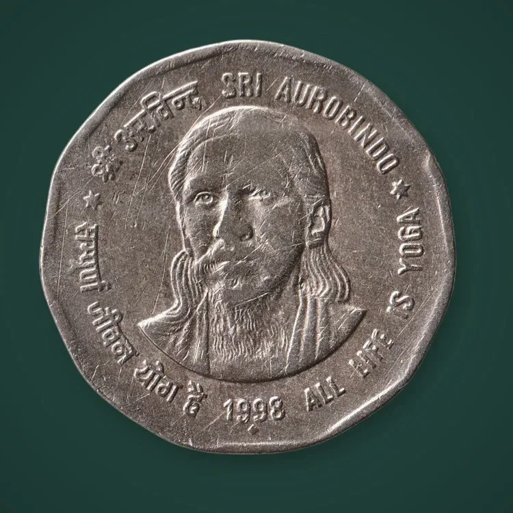 Rare 2 Rupee 1998 Sri Aurobindo All Life is Yoga Republic of India Mumbai Mint Commemorative Coin # A723