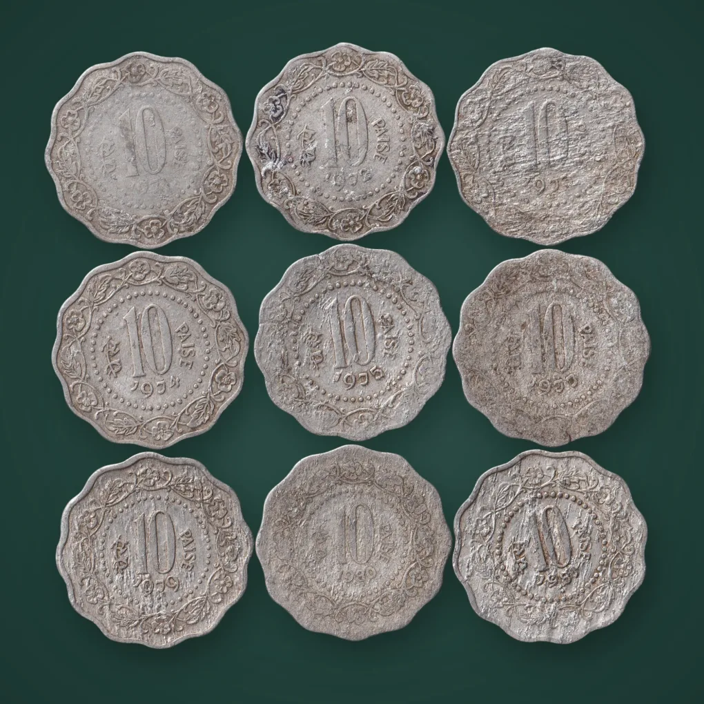 Rare 9 Coins Set of 10 Paise Date 1970-1981 Scalloped Aluminium Republic India Coin Same Set Given# A785